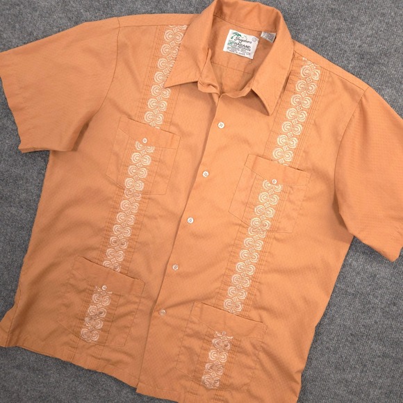 Vintage Guayabera by Haband Shirt Mens Large Muted Orange Embroidered Cuban Camp - Picture 1 of 9